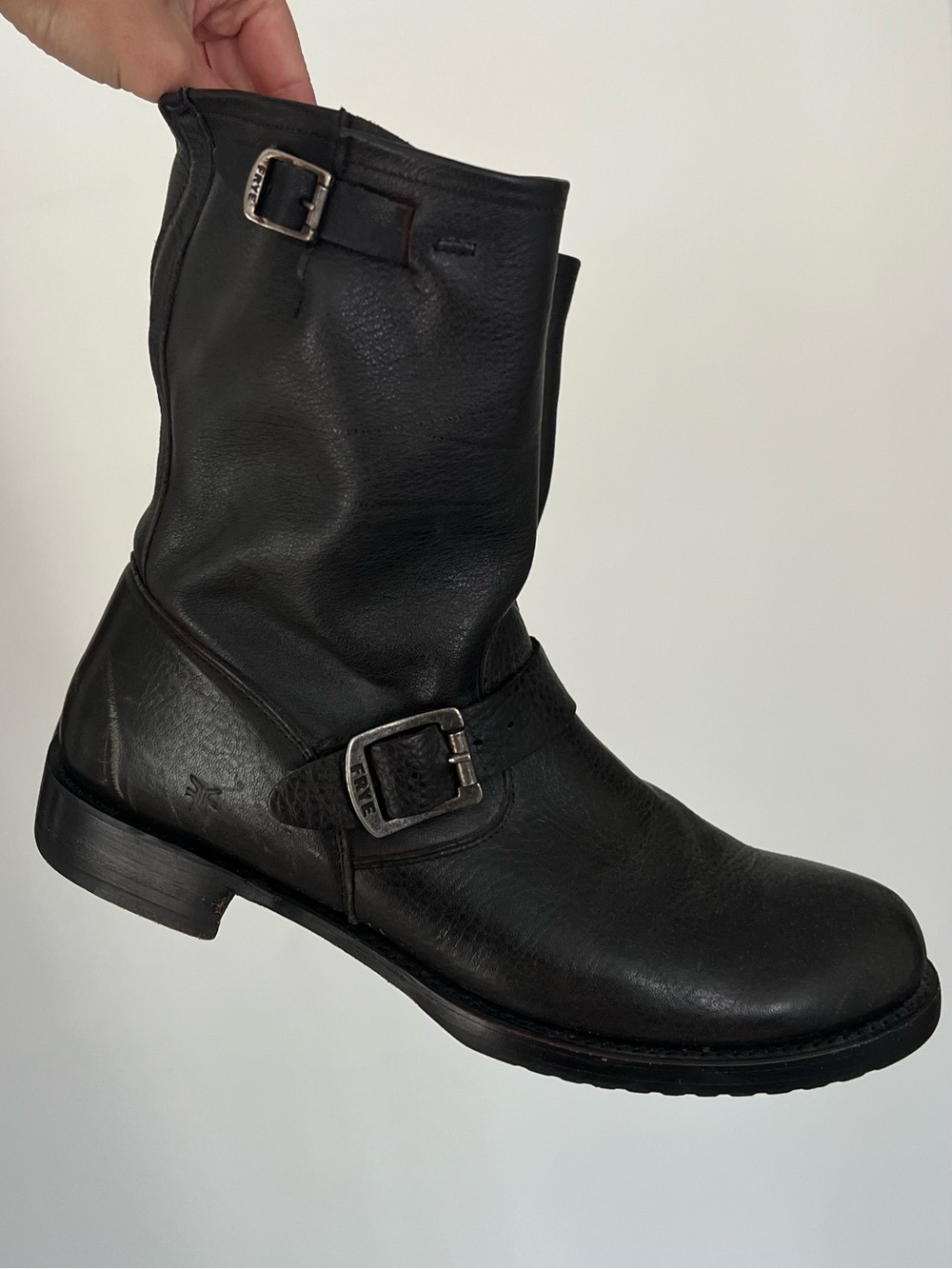 Frye Dark Brown Leather Engineer Boot with Buckle Accent